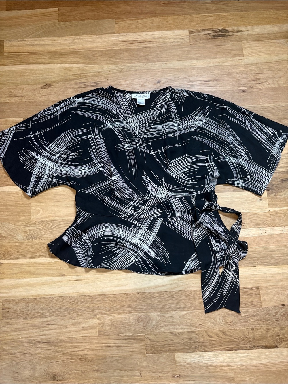 Judith Hart Black Wrap Blouse with Cream Brushstroke Print Petites 14